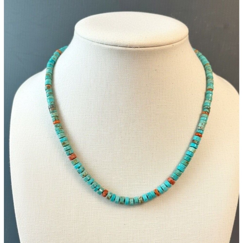 Turquoise Heishi Sterling Silver 925 Spiny Oyster Southwest Necklace Graduated